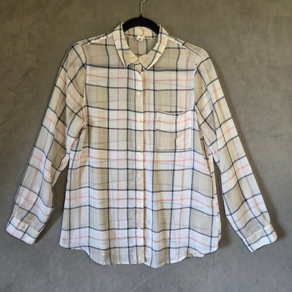 Old Navy Sheer Plaid Button Down Shirt Women Medium Preppy Office Casual
